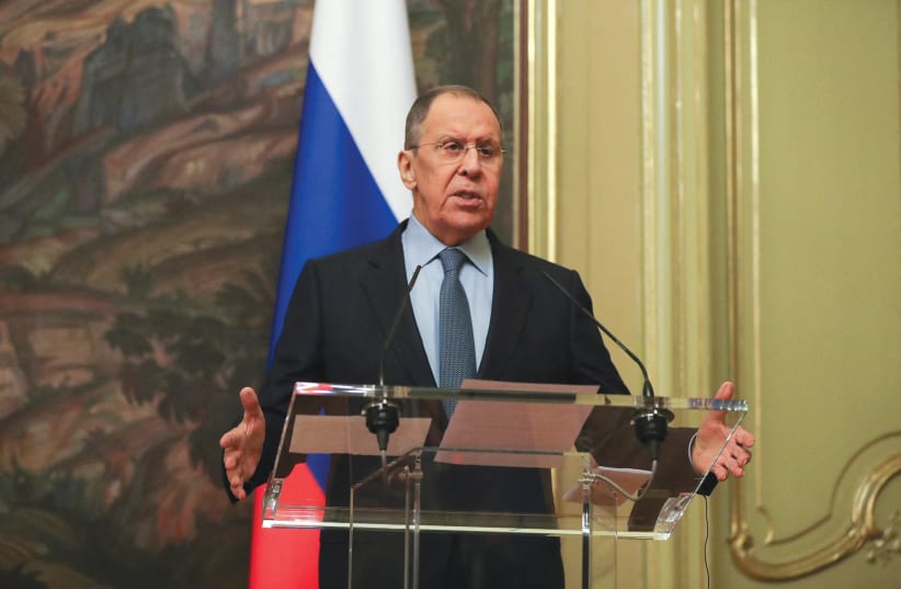  Russian Foreign Minister Sergei Lavrov addresses a news conference after his meeting with UN Secretary-General Antonio Guterres in Moscow on April 26. (photo credit: MAXIM SHIPENKOV/REUTERS)