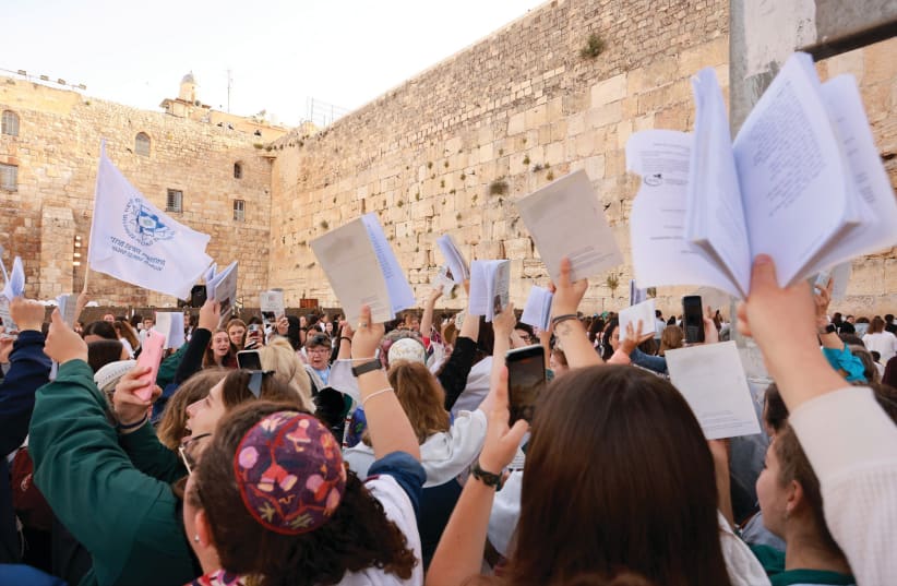 WOMEN OF THE WALL participants and protesters, some holding Word Zionist Organization flags, confront each other at the Kotel earlier this month.  (photo credit: WOMEN OF THE WALL)