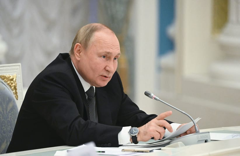  RUSSIAN PRESIDENT Vladimir Putin chairs a meeting of the State Council Presidium at the Kremlin, last week. (photo credit: Sputnik/Kremlin/Reuters)