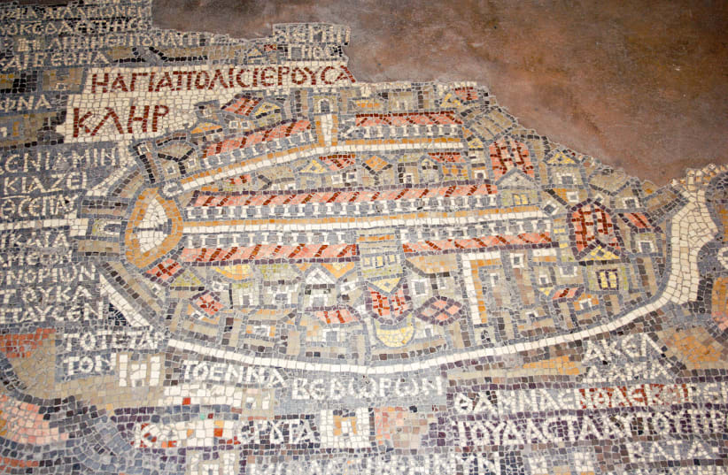 A mosaic map of 6th century Jerusalem found under the floor of St George's Church in Madaba, Jordan. (photo credit: DAVID BJORGEN/CC BY-SA 3.0 (http://creativecommons.org/licenses/by-sa/3.0/)/VIA WIKIMEDIA COMMONS)