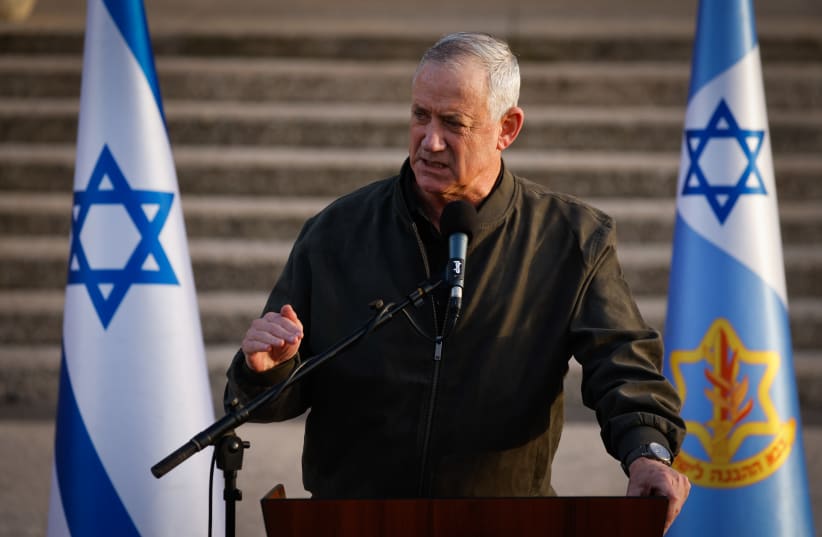  Israeli minister of Defense Benny Gantz gives a statement to the media at the IDF Central Command headquarters in Jerusalem, on March 30, 2022. (photo credit: OLIVIER FITOUSSI/FLASH90)