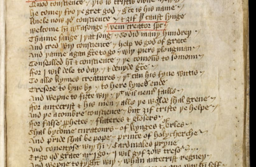  A page from William Langland’s ‘Piers Plowman’ from an early-15th century manuscript in the National Library of Wales. (photo credit: WIKIPEDIA)