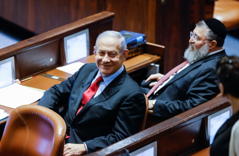  Opposition head Benjamin Netanyahu seen during a discussion and a vote on a bill to dissolve the Knesset (photo credit: OLIVIER FITOUSSI/FLASH90)