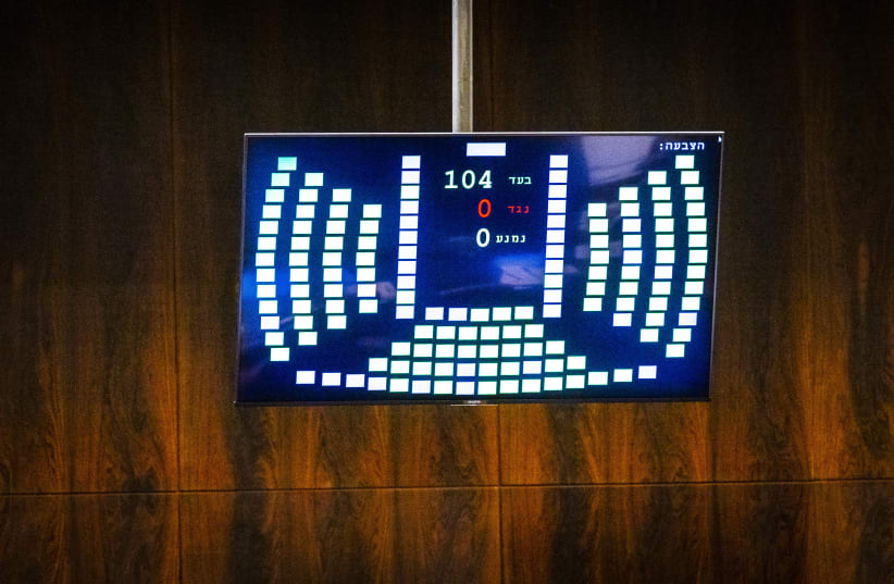  A vote on a bill to dissolve the Knesset, at the assembly hall of the Israeli parliament, in Jerusalem, on June 22, 2022 (photo credit: OLIVIER FITOUSSI/FLASH90)