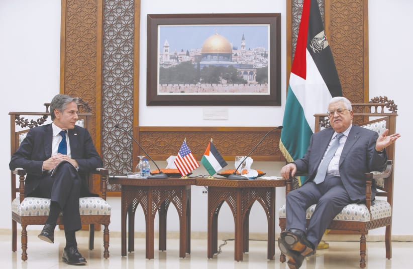  US SECRETARY of State Antony Blinken meets with PA President Mahmoud Abbas in Ramallah, last year (photo credit: MAJDI MOHAMMED/POOL VIA REUTERS)