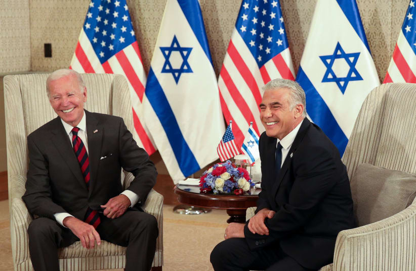  US president Joe Biden meets with Prime Minister Yair Lapid in Jerusalem, on July 14, 2022. Joe Biden on his first official visit to Israel since becoming US president.  (photo credit: EMIL SALMAN/POOL)