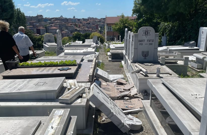 36 graves in the Jewish Hasköy Cemetery in Istanbul Turkey were vandalized and destroyed Thursday night, July 14, 2022  (photo credit: @tyahuditoplumu VIA TWITTER)