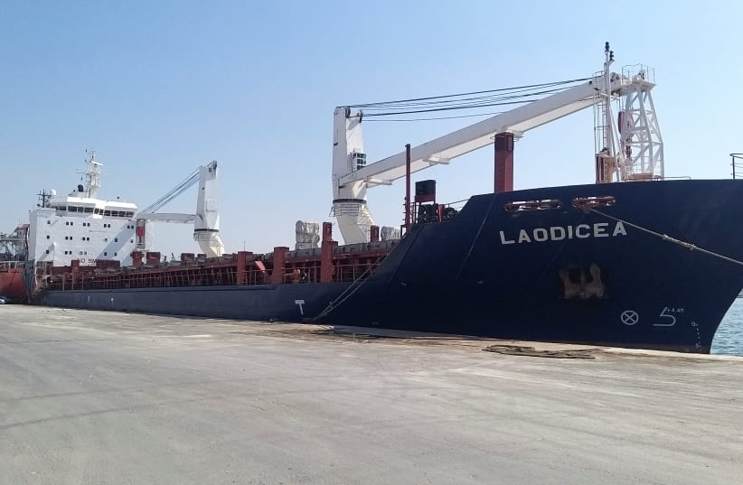 A view shows the ship "Laodicea" docked at port of Tripoli in northern Lebanon (photo credit: REUTERS)