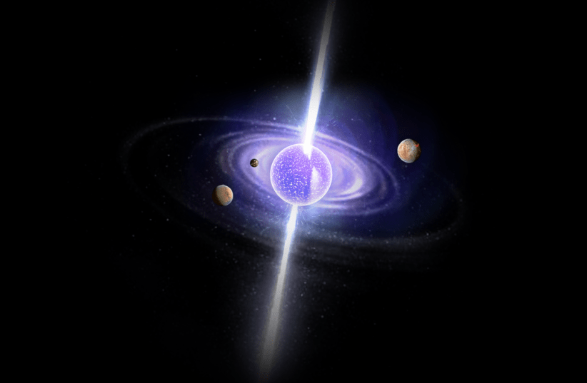  An example of a pulsar, a neutron star emitting beams of electromagnetic radiation (Illustrative). (photo credit: Wikimedia Commons)