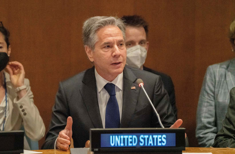  US Secretary of State Antony Blinken speaks at a sideline meeting of the Nuclear Non-Proliferation Treaty review conference in New York City, New York, US, August 1, 2022. (photo credit: REUTERS/DAVID 'DEE' DELGADO)