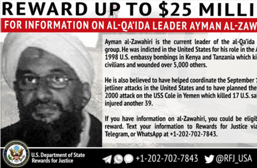  Undated bounty poster calling for information on Al Qaeda leader Ayman Al-Zawahiri (photo credit: Wikimedia Commons)