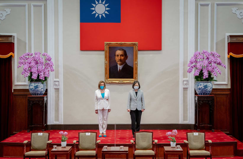 US House of Representatives Speaker Nancy Pelosi attends a meeting with Taiwan President Tsai Ing-wen at the presidential office in Taipei, Taiwan August 3, 2022. (photo credit: TAIWAN PRESIDENTIAL OFFICE/HANDOUT VIA REUTERS)