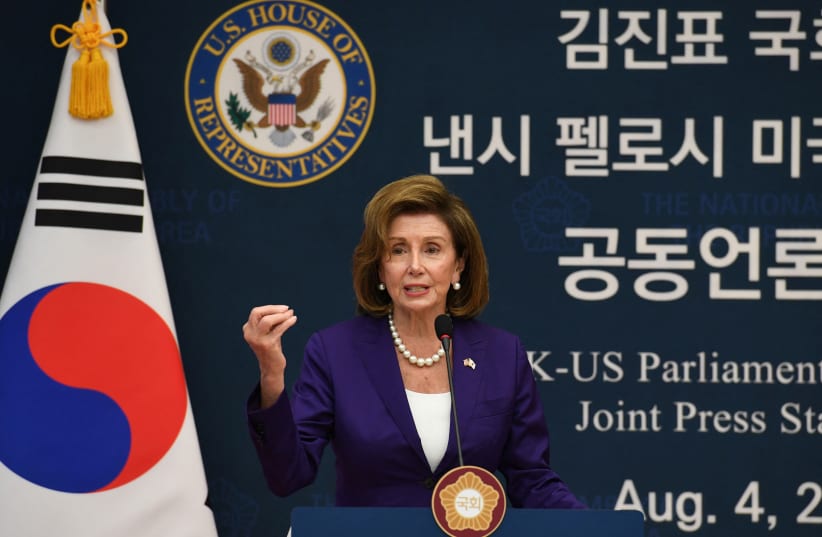  US House of Representatives Speaker Nancy Pelosi and South Korea?s National Assembly Speaker Kim Jin-pyo (not pictured) attend a joint news announcement in Seoul, South Korea August 4, 2022. (photo credit: Kim Min-Hee/Pool via REUTERS)