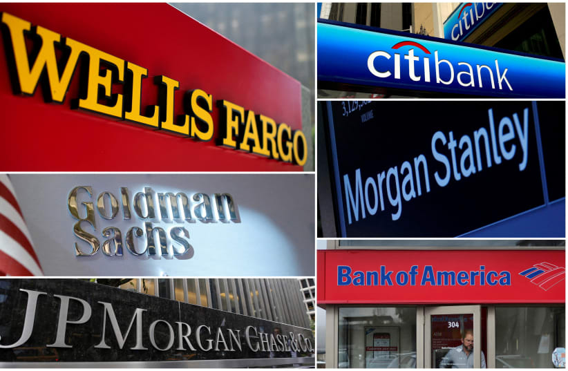  A combination file photo shows Wells Fargo, Citigbank, Morgan Stanley, JPMorgan Chase, Bank of America, JPMorgan, and Goldman Sachs from Reuters archive.  (photo credit: REUTERS/FILE PHOTO)