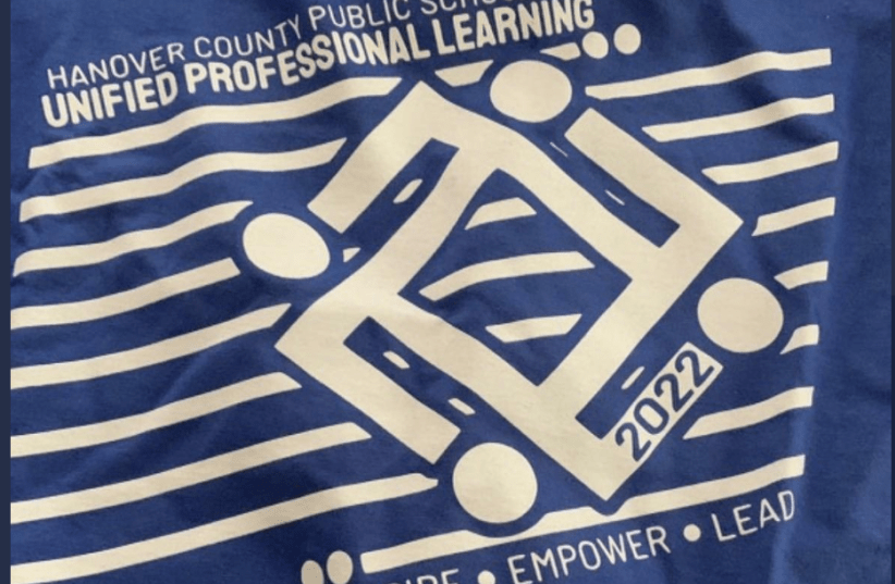  A t-shirt distributed at a conference for Hanover County Public Schools outside Richmond, Va., displaying a logo that resembles a swastika. (photo credit: TWITTER VIA JTA)