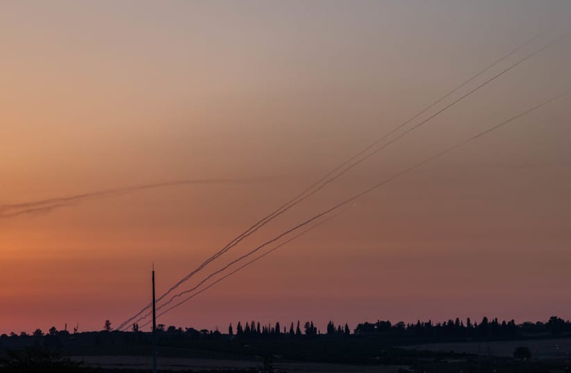 View of rocket launch from the Gaza Strip as it seen from southern Israel on August 7, 2022. (photo credit: YONATAN SINDEL/FLASH90)