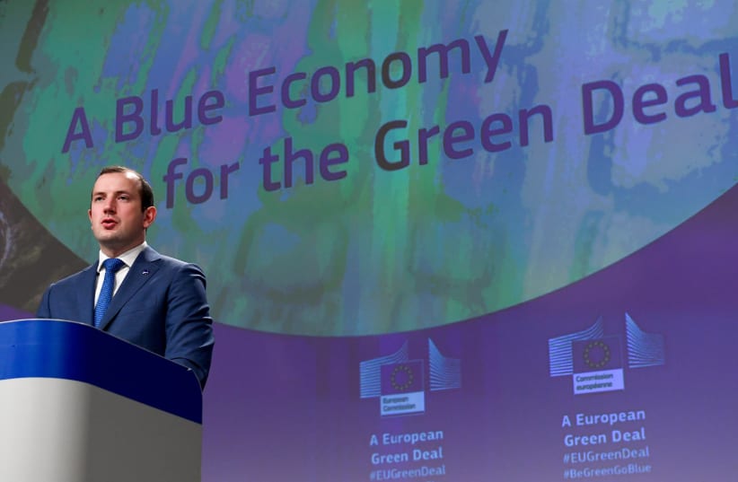  EU Environment, Oceans and Fisheries Commissioner Virginijus Sinkevicius gives a news conference on sustainable blue economy in Brussels, Belgium May 17, 2021 (photo credit: VIA REUTERS)