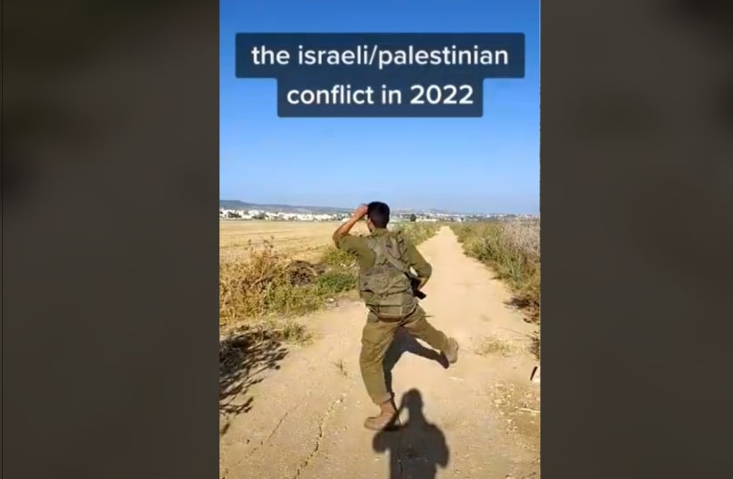  Screenshot of the viral TikTok Video featuring a dance battle between and Israeli soldier and Palestinians. (photo credit: Screenshot/TikTok)