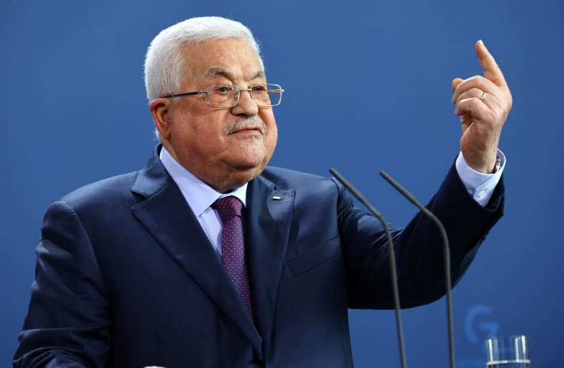  Palestinian President Mahmoud Abbas attends a news conference with German Chancellor Olaf Scholz, in Berlin, Germany, August 16, 2022. (photo credit: REUTERS/LISI NIESNER)