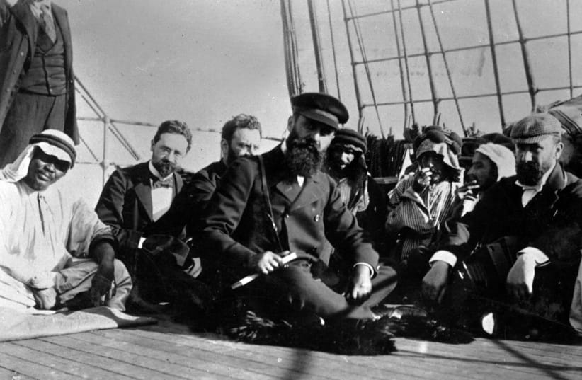 Theodor Herzl, center, shown on a boat in 1898. (photo credit: Universal History Archive/Universal Images Group via Getty Images)