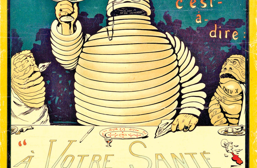  An 1898 poster by O’Galop of Bibendum, the Michelin Man, making a toast. (photo credit: O’GALOP/WIKIPEDIA)