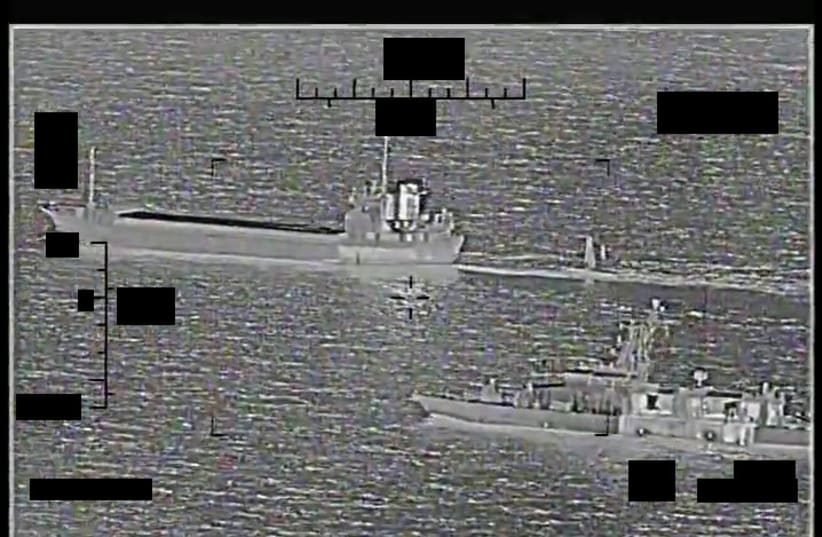  Screenshot of a video showing support ship Shahid Baziar, left, from Iran's Islamic Revolutionary Guard Corps Navy unlawfully towing a Saildrone Explorer unmanned surface vessel (photo credit: US NAVY)