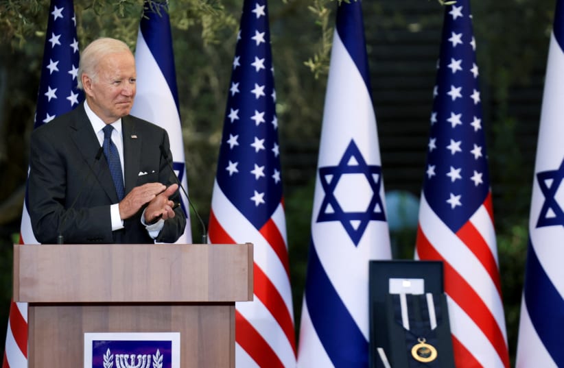  US President Joe Biden speaks as he meets Israeli President Isaac Herzog, in Jerusalem, July 14, 2022.  (photo credit: REUTERS/EVELYN HOCKSTEIN)