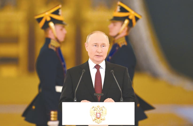  RUSSIAN PRESIDENT Vladimir Putin delivers a speech during a ceremony to receive letters of credence from newly appointed foreign ambassadors, at the Kremlin on Tuesday.  (photo credit: SPUTNIK/REUTERS)