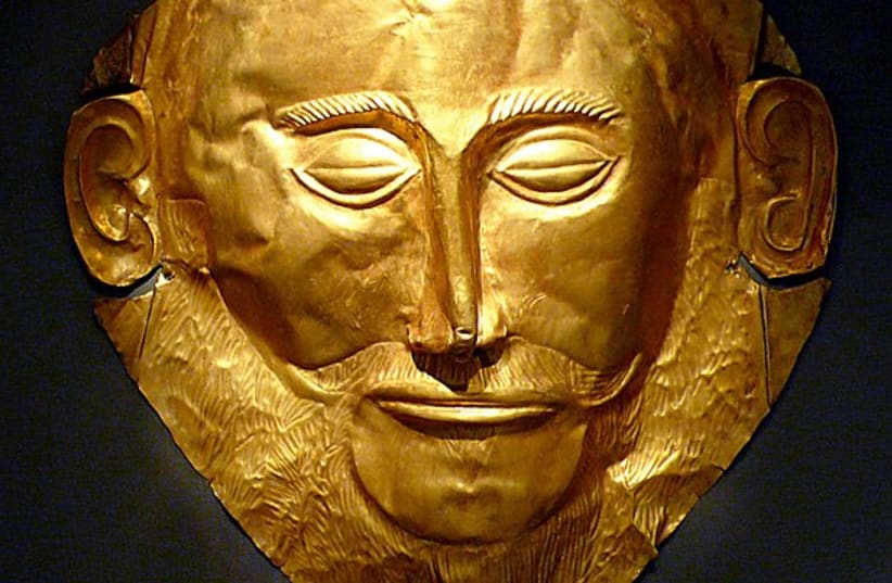  Gold death-mask known as the "Mask of Agamemnon".  (photo credit: Wikimedia Commons)