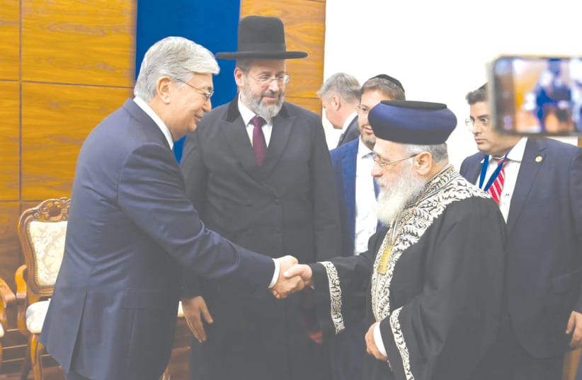  KAZAKHSTAN PRESIDENT Kassym-Jomart Tokayev greets Israeli Sephardic Chief Rabbi Yitzhak Yosef at the congress. (photo credit: Nazarbayev Center)