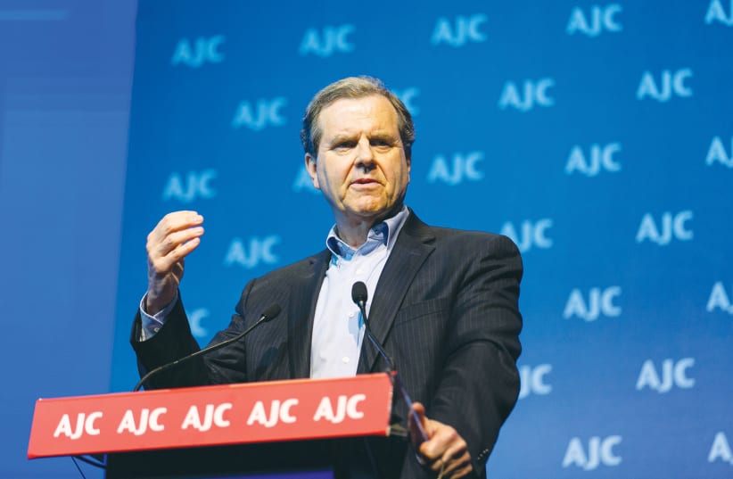  THE WRITER delivers an address at the AJC Global Forum in Jerusalem, 2018. (photo credit: AJC)
