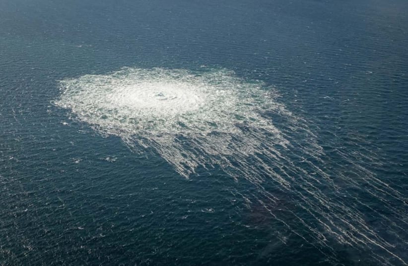 Gas bubbles from the Nord Stream 2 leak reaching surface of the Baltic Sea in the area shows disturbance of well over one kilometre diameter near Bornholm, Denmark, September 27, 2022.  (photo credit: DANISH DEFENCE COMMAND/HANDOUT VIA REUTERS)