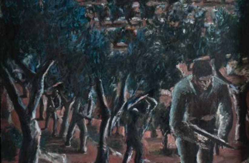  A LIFE-SIZE oil painting of Israeli soldiers running into battle is an ever-present reminder of Moriah’s own Yom Kippur War service. (photo credit: Courtesy Yair Medina, Jerusalem Fine Art Prints)