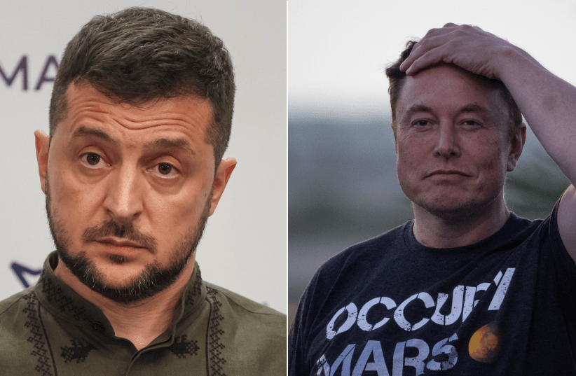 Ukrainian President Volodymyr Zelensky (left) and Elon Musk (right) (photo credit: ADREES LATIF/REUTERS, GLEB GARANICH/REUTERS)