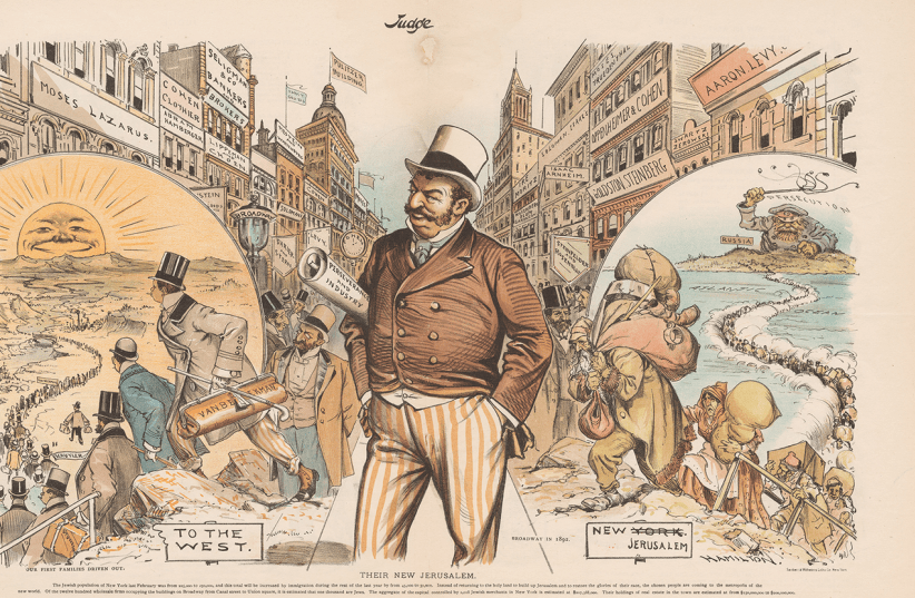 An antisemitic cartoon from Judge Magazine, ca. 1892, shows Jewish immigrants fleeing persecution in Russia and establishing businesses in New York, while America's "first families" flee west. Oddly, the cartoon also seems to credit the Jews for their “perseverance and industry.”  (photo credit: CORNELL UNIVERSITY PRESS)