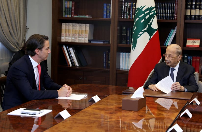 Lebanon's President Michel Aoun meets with US Senior Advisor for Energy Security Amos Hochstein at the presidential palace in Baabda, Lebanon, September 9, 2022. (photo credit: DALATI NOHRA/HANDOUT VIA REUTERS)