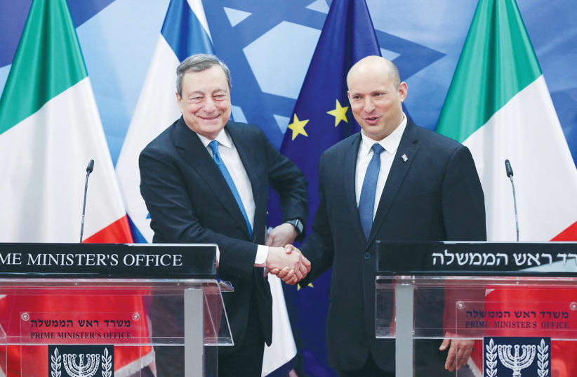  DURING HIS Jerusalem visit in June, Italy’s prime minister Mario Draghi agreed with his counterpart Naftali Bennett to expand collaboration in innovative sectors such as robotics, sustainable mobility, aerospace and technology applied to agriculture (photo credit: Abir Sultan/Reuters)