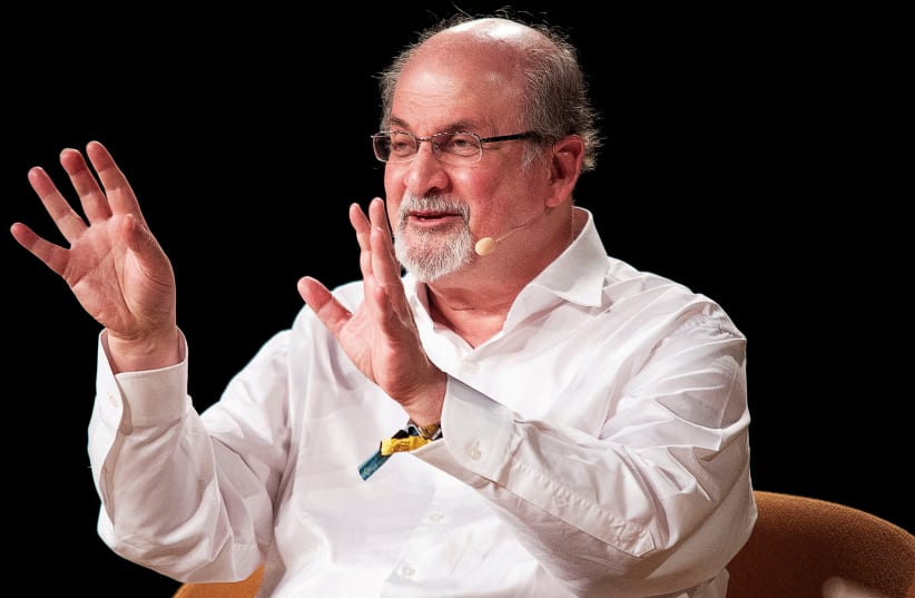 The writer Salman Rushdie interviewed during Heartland Festival in Kvaerndrup, Denmark, June 2, 2018. (photo credit: CARSTEN BUNDGAARD/RITZAU SCANPIX/VIA REUTERS)