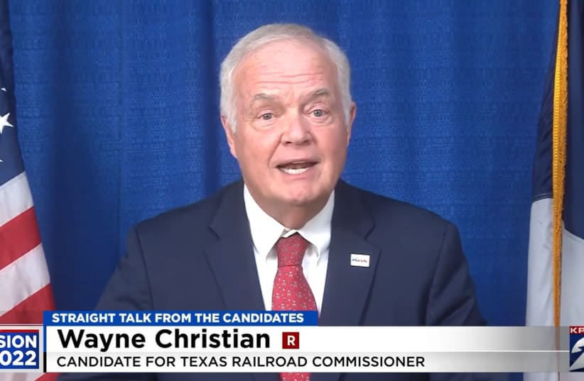 Wayne Christian, the Texas railroad commissioner, pitches the case for his reelection to viewers of Houston area KPRC, Oct. 26, 2022. (photo credit: YOUTUBE)