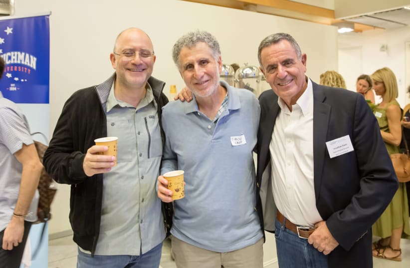  ROM LEFT: Arieh Budnik and Daniel Farcas, both from Chile and who have children at Reichman University, along with head of the Raphael Recanati International School Jonathan Davis at the institution’s Orientation Day (photo credit: OREN SHALEV)