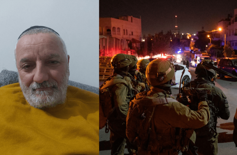  LEFT: Slain victim of Kiryat Arba terror attack, 50-year-old Ronen Hanania. RIGHT: IDF soldiers operate at the scene of the attack, October 29, 202.  (photo credit: COURTESY OF THE FAMILY, IDF SPOKESPERSON'S UNIT)