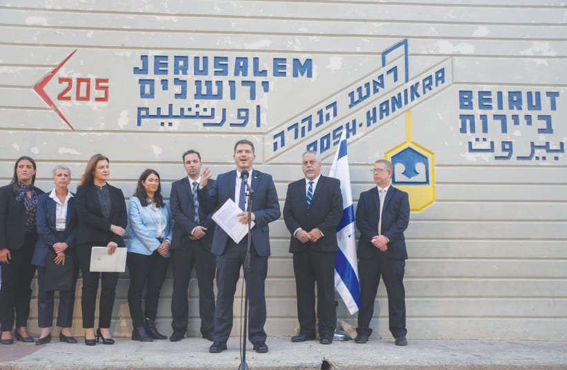  ENERGY MINISTRY Director-General Lior Schillat leads a news conference at the Israel-Lebanon border, following the signing of a maritime border deal between the two countries, on Thursday. (photo credit: David Cohen/Flash90)