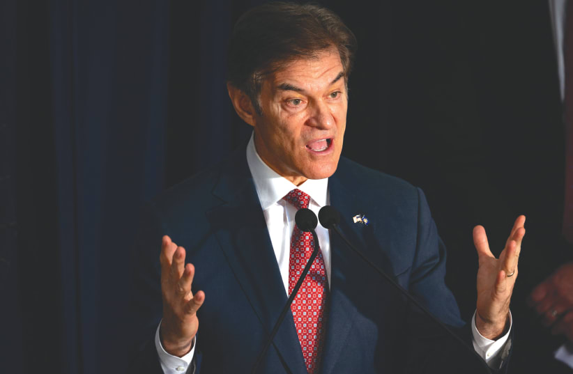  REPUBLICAN SENATE candidate Dr. Mehmet Oz delivers remarks at an event in Harrisburg, Pennsylvania, last week.  (photo credit: REUTERS/HANNAH BEIER)