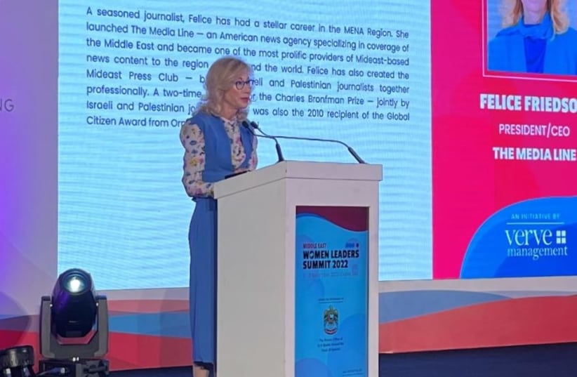 Felice Friedson, president and CEO of The Media Line, delivering the opening remarks at the Women Leaders Summit in Dubai, Nov. 2, 2022. (photo credit: Omnia Al Desoukie)