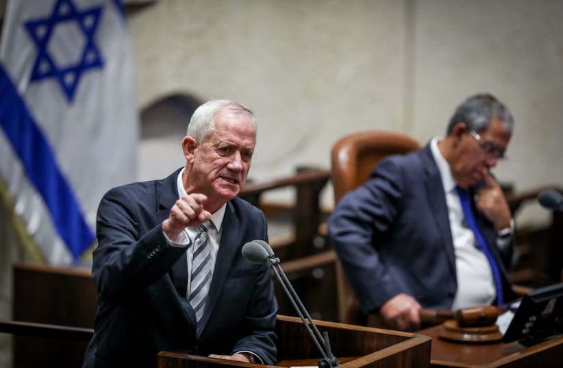  Israeli Defense Minister Benny Gantz speaksduring memorial ceremony marking the assassination of former prime minister Yitzhak Rabin, at the Knesset, in Jerusalem on November 6, 2022. (photo credit: NOAM REVKIN FENTON/FLASH90)