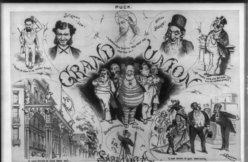  An 1877 cartoon from the satirical newspaper Puck illustrates the antisemitic practices of the Grand Union Hotel in Saratoga, New York. The cartoon compares the corrupt gentile clients favored by the hotel, center, with respectable (albeit stereotypical) Jewish figures, including Jesus. (photo credit: LIBRARY OF CONGRESS)