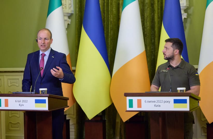  Ukraine's President Volodymyr Zelenskiy and Ireland's Prime Minister (Taoiseach) Micheal Martin attend a joint news briefing, as Russia's attack on Ukraine continues, in Kyiv, Ukraine July 6, 2022 (photo credit: Ukrainian Presidential Press Service/Handout via REUTERS)