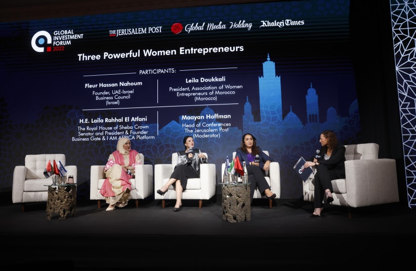  The participants in the Three Powerful Women Entrepreneurs panel at The Jerusalem Post's Global Investment Forum 2022 in Morocco. (photo credit: MARC ISRAEL SELLEM/THE JERUSALEM POST)