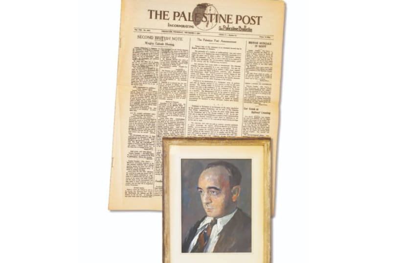  The first edition of the Palestine Post published on December 1, 1932 and the portrait of Gershon Agron that hangs in the editor's office. (photo credit: MARC ISRAEL SELLEM)