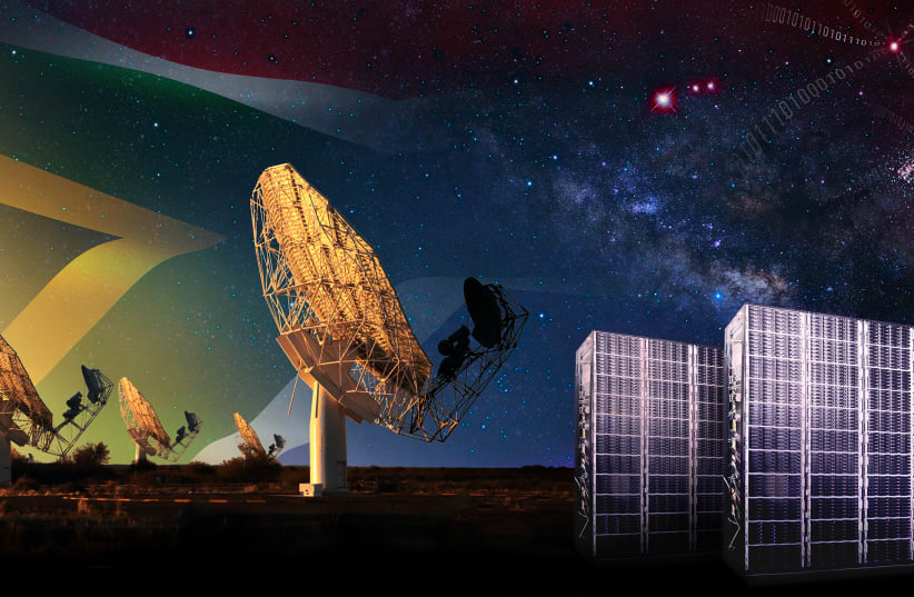  Artist's impression of the MeerKAT telescope in South Africa, and the Breakthrough Listen compute cluster, scanning the sky for possible signals (represented as binary codes) from extraterrestrial intelligence. One of the first targets to be observed by the new instrument will be Alpha Centauri. (photo credit: Danielle Futselaar / Breakthrough Listen / SARAO)